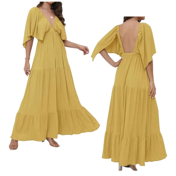 Womens Large Elegant Yellow Ruffle Tiered Long Maxi Dress Deep V-neck Backless - Picture 1 of 13